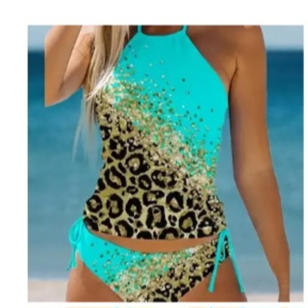 Leopard Print Halter Bikini - Turquoise and Gold